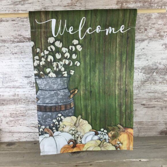 Welcome Milk Can Pumpkins Fall Garden Flag - Picture 2 of 5